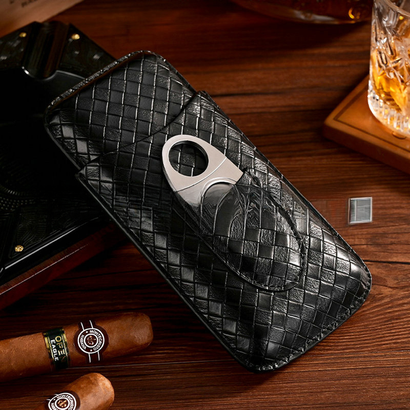 Cigar Cutter Set - 3個入りレザーシガーケースギフトセット、携帯用トラベルヒュミドールボックス、シガーカッター、編み込みシガーホルダー、シガーアクセサリー付き
