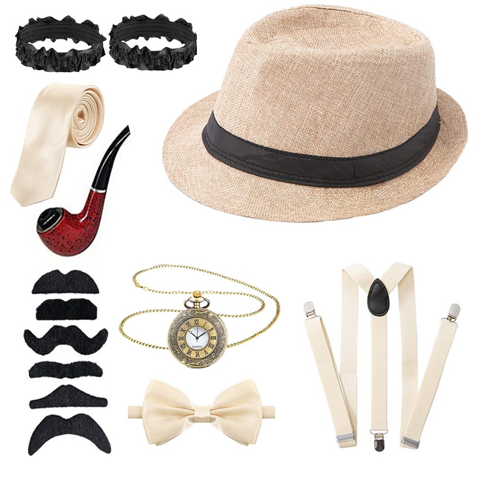 Men'S Accessories In The 1920S - 大人のための変装アクセサリーセット,レトロなスタイルのガッティンターランスターコスチューム,ベスト付きスーツ,fedoraの帽子,1920s