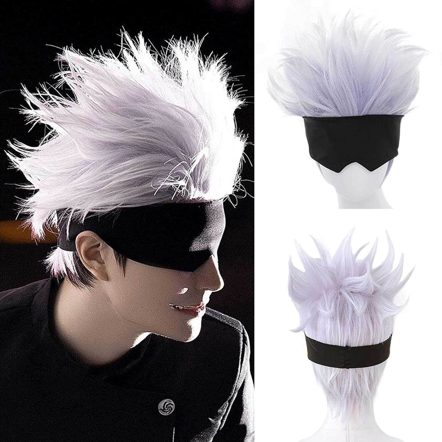 Men Accessories Silver - コスプレウィッグ,短い波状の髪,黒,目隠し,ライトパープル,ミックスシルバー,男性用,男の子用,アニメ用