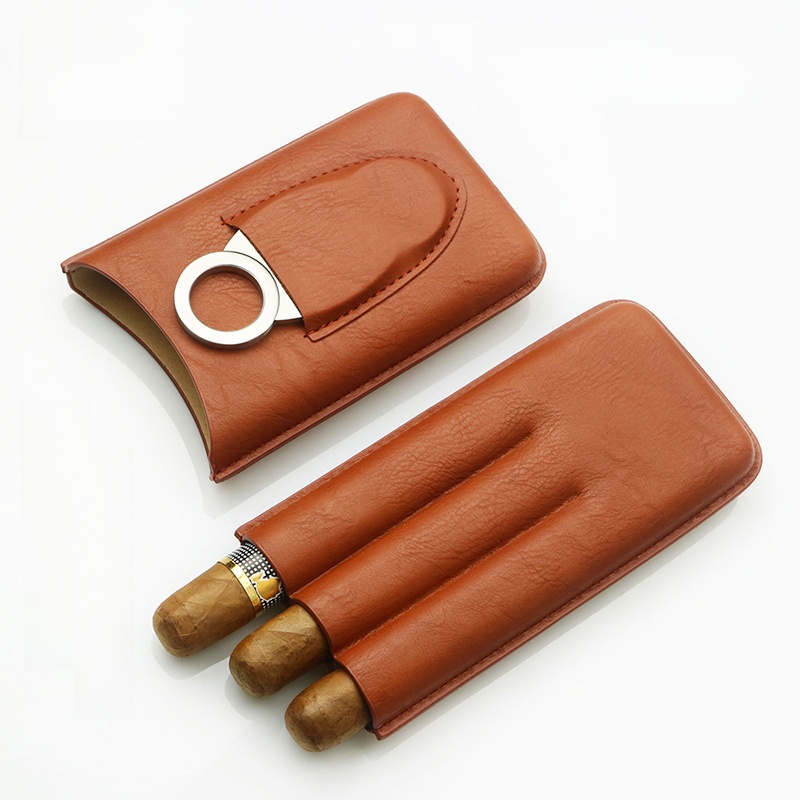 Cigar Cutter Set - 携帯用シガーボックス2個セット、革製シガーケース、加湿チューブ、シガーカッター付属、持ち運びに便利な喫煙具