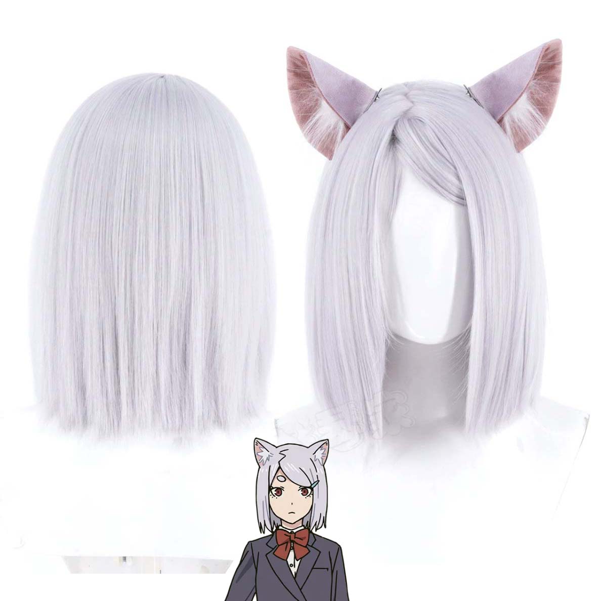 Men Accessories Silver - 女性用ヤニネコ・イモコ・サトウ コスプレウィッグ シルバーホワイト ボブウィッグ 猫耳付き ハロウィンアクセサリー