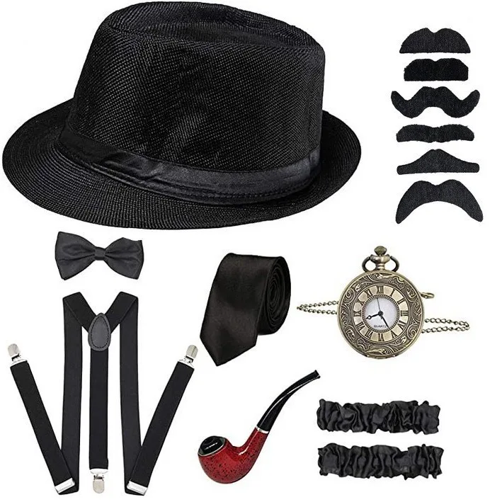 Men'S Accessories In The 1920S - 男性パーティー小道具 1920 年代のテーマコスプレステージパフォーマンスギャツビーベレー帽葉巻時計サスペンダーネクタイ衣装アクセサリーセット