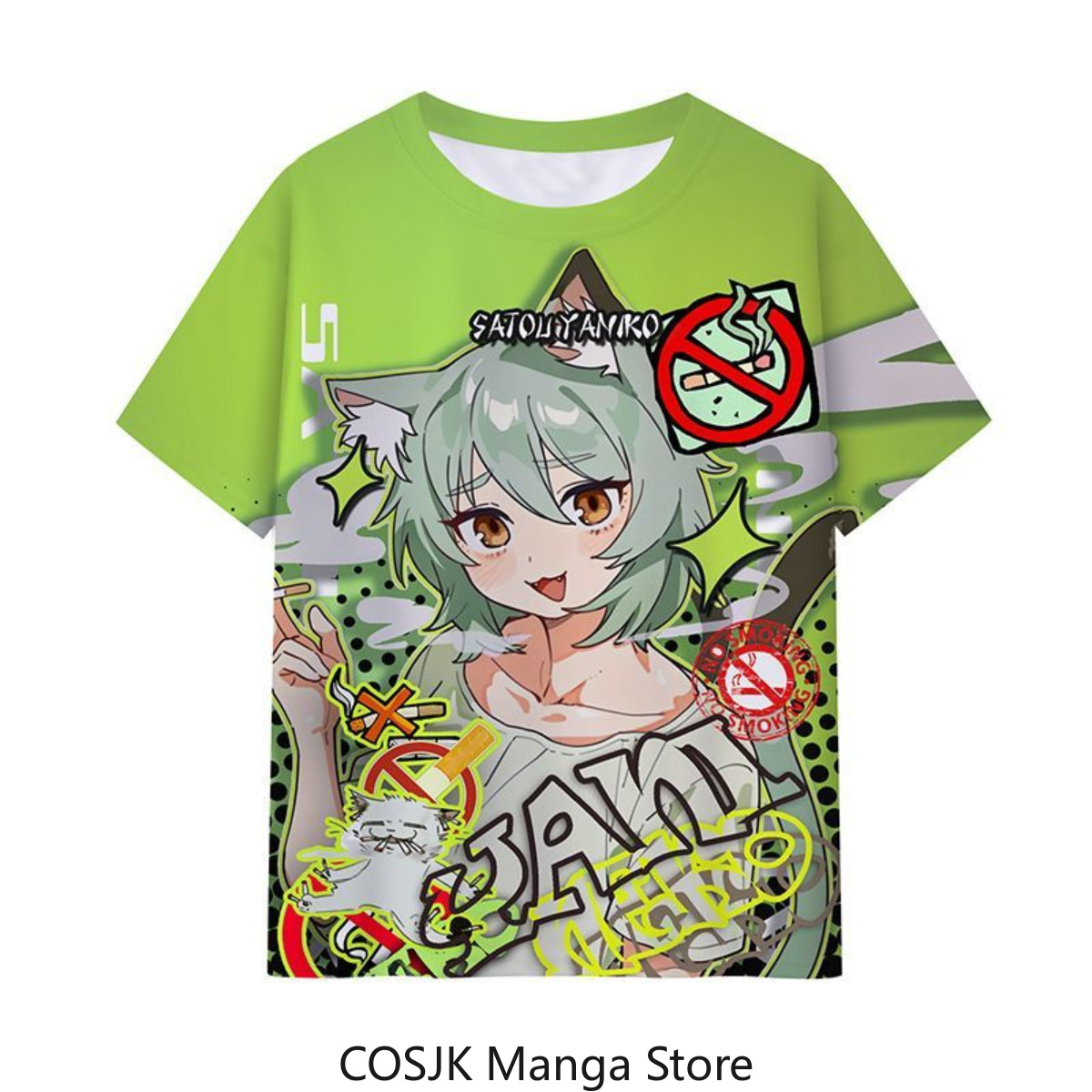 Men'S Accessories Japan - アニメ「チェインスモーカーキャット」ヤニネコサトウユウコTシャツ、漫画プリントトップス、半袖Tシャツ、夏のコスプレギフト、男性女性向け、ハロウィン