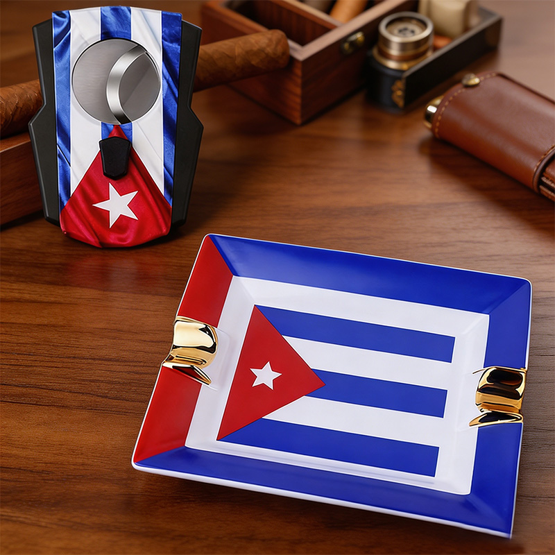 Cigar Cutter Set - キューバ国旗入りシガーセット、ステンレス製シガーカッター、金メッキシガーアッシュトレイ、シガーアクセサリー、プレミアムギフト