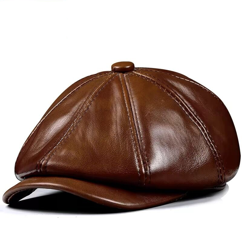 Men Accessories Brands - 春の新本革帽子キャップ牛革ベレー帽暖かい綿男性パッドブランドブラウン/ブラックアヒル帽子