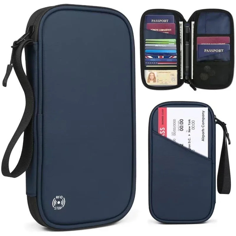 Travel Organizer Men - 軽量ファミリートラベルパスポートカバーウォレットジッパー付きオックスフォードドキュメントオーガナイザーバッグ、取り外し可能なリストストラップ付き、女性、男性用