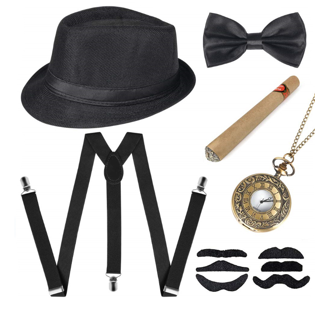 Men'S Accessories In The 1920S - メンズグレートギャツビーアクセサリーセット、レトロなギャングコスチューム、ネクタイハット、20s、30s、1920s、6個