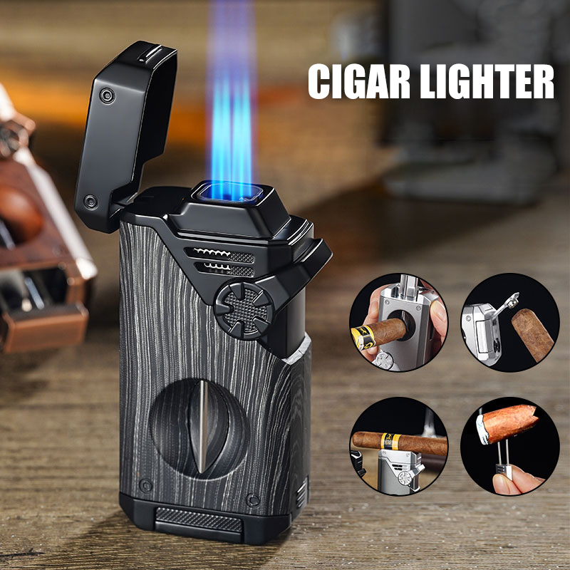 Cigar Cutter Set - 多機能シガーライターセット、4ジェットフレームトーチ、Vカッター、耐熱フォーク、ガス量確認窓付き、詰め替え式ブタンライター
