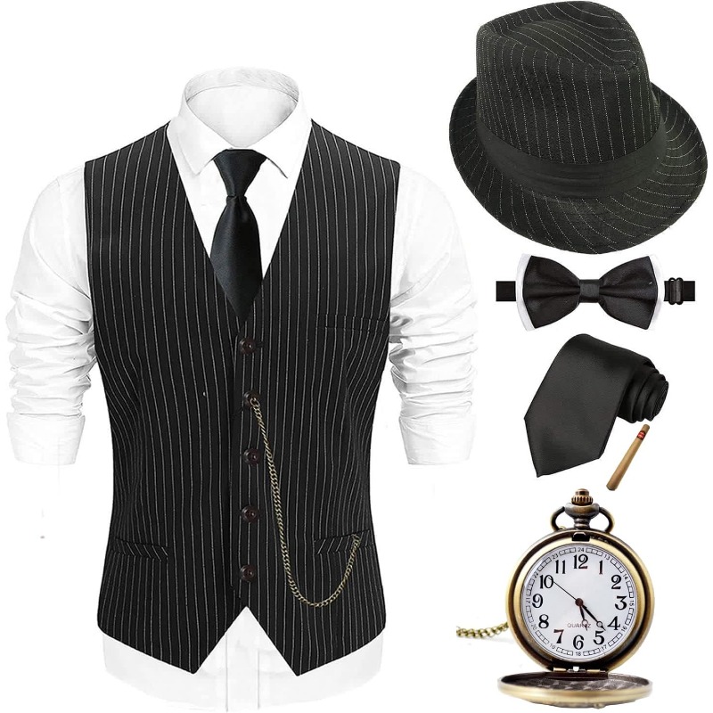 Men'S Accessories In The 1920S - ハロウィン 1920年代 メンズコスチューム 2025、ギャツビー ギャングスター ベスト、ヴィンテージ懐中時計、結ばれた蝶ネクタイ