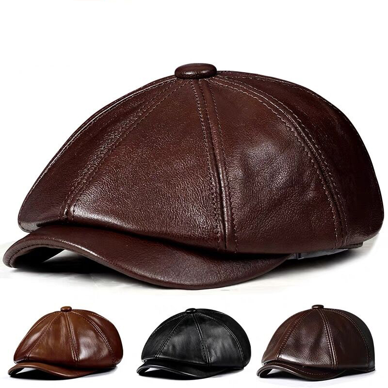 春の新本革帽子キャップ牛革ベレー帽暖かい綿男性パッドブランド - Men Accessories Brands のレビューと価格